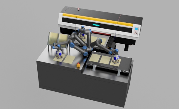 Representación de la Mimaki UJF-7151plus con el robot de seis ejes, que carga y descarga sustratos de la impresora sin intervención humana