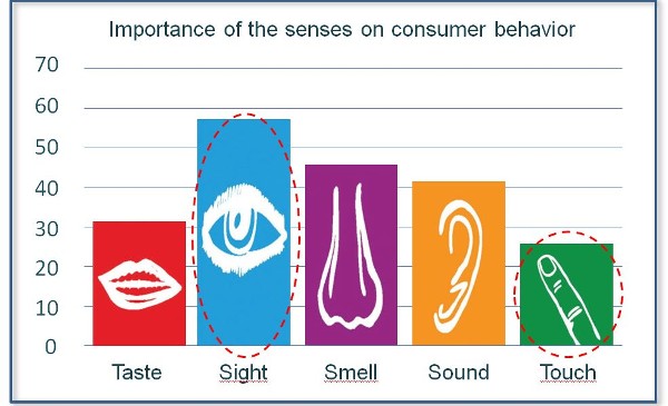 Con un 58%, la evaluación visual tiene la mayor importancia para la influencia de los sentidos. Junto con el sentido del tacto del 25%, la experiencia sensorial aumenta al 83%. (fuente: Martin Lindstrom "Brand sense", Free Press, Nueva York, 2005 p.69)