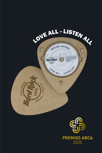 Packaging ecofriendly del nuevo CD de HARD ROCK CAFE. Realizado con madera FSC, y creado para nostálgicos de la música, que valoran las ediciones especiales. Se ha optimizado el package con connotaciones ergonómicas, y una experiencia unboxing. El package es una púa de guitarra, elemento musical fácilmente reconocible por el target. LOVE ALL - LISTEN ALL un guiño al claim original de Hard Rock