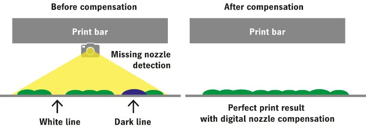 Una cámara detecta líneas blancas u oscuras y luego activa la compensación de los defectos (Fuente: Gallus Ferd. Rüesch AG)