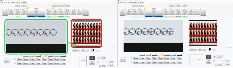 Las desviaciones registradas en la imagen de la izquierda se muestran en el monitor de pantalla táctil y se corrigen en la imagen de la derecha con solo tocar un botón (Fuente: Gallus Ferd. Rüesch AG)