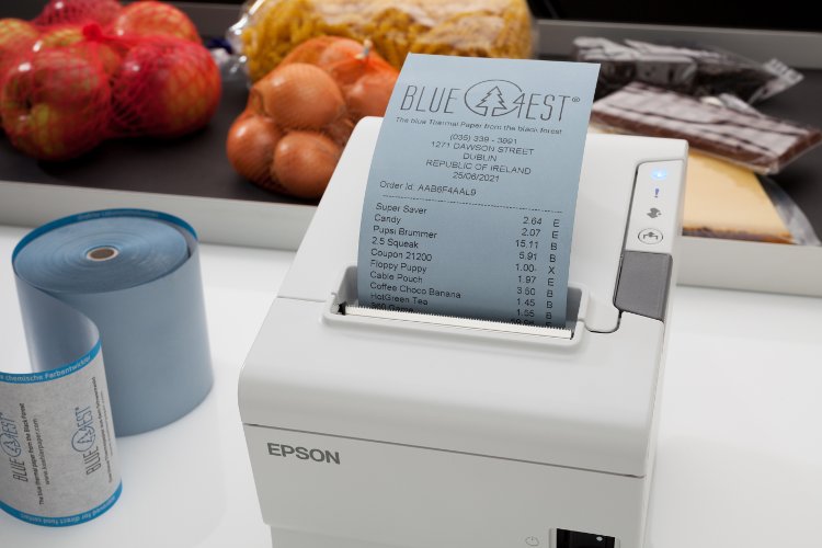 El papel térmico sostenible azul Blue4est® de Koehler Paper obtiene excelentes resultados en la impresora de recibos Epson TM‐T88VI