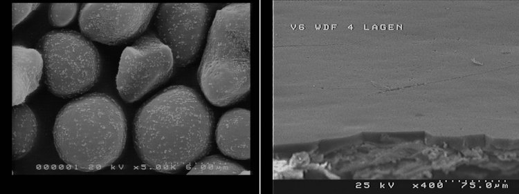 Componentes del tóner seco Titon muy ampliados (izquierda) y fusionados en la capa impresa de la resina de poliéster (derecha). (Fuente: Xeikon)