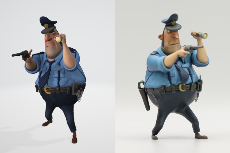 Modelo 3D a todo color de un personaje de la animación IP de Nilian (Izquierda: Datos 3D, Derecha: Impresión 3D)
