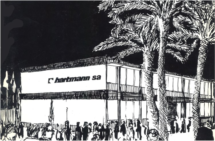Portada de la Gaceta, publicación que editaba Hartmann en los años 70. El gráfico corresponde a la inauguración del edificio principal diseñado por el arquitecto Xavier Busquets. La empresa se trasladó de Viladomat, en Barcelona, a las actuales instalaciones, en Cornellà de Llobregat.