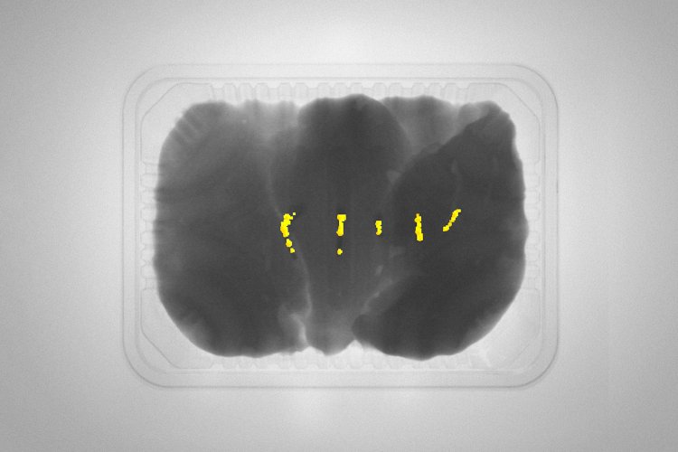 X52 Inspección de pechuga de pollo: Paquete de pechuga de pollo con fragmentos de hueso identificados (amarillo)