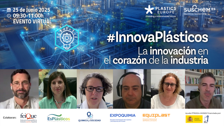 De izquierda a derecha: Luis Quevedo, divulgador científico; Alicia Martín, directora general de Plastics Europe en la región ibérica; Maria Eugenia Anta, directora de SusChem España e Innovación, Inversión e Internacional de Feique; Sergio Bueno, director de negocio de AIMPLAS; Adriana Orejas, directora de Tecnologías de Transformación Industrial de Repsol y Germán Castillo, Cofundador y CEO de Kemchain