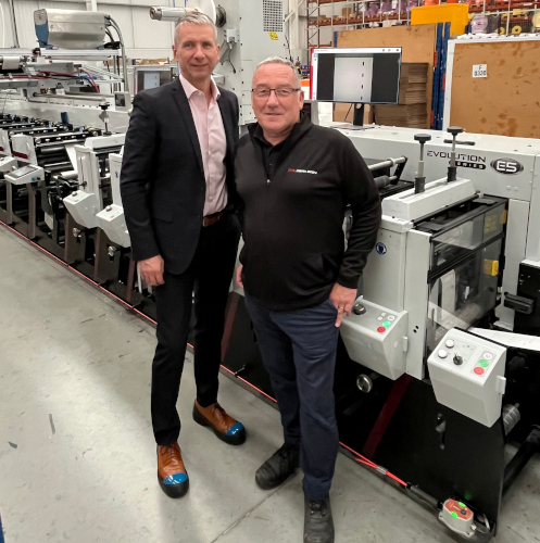 Shaun Higgins and Antony Cotton with one of Dura-ID’s new Mark Andy Evolution E5 presses at the company’s Barnsley HQ