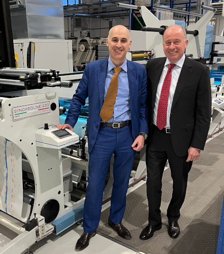 Ivan Caldirola and Giuseppe Rossi with one of Minova Labels’ Lombardi Synchroline 430 presses