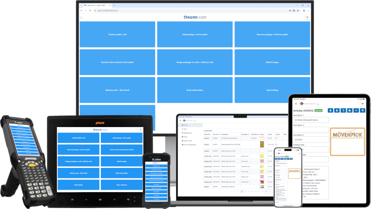 Vista de cómo se muestran tanto la aplicación de logística como el portal web en diversos dispositivos móviles