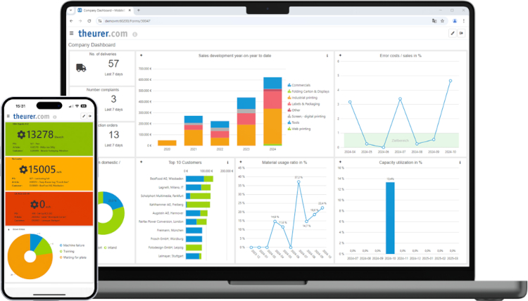 Vista de los paneles de control, aquí con el ejemplo de Business Intelligence y la vista del panel de control de la empresa