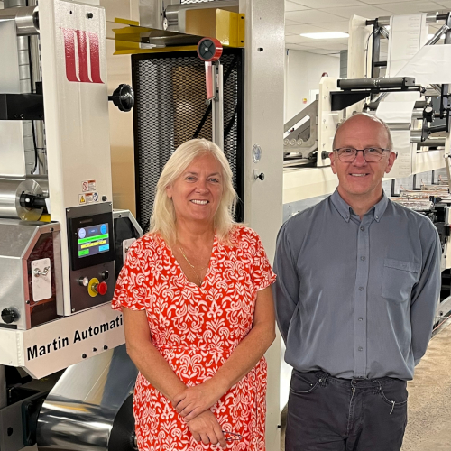 Zenna Parfaniuk and Jamie Hyde with The Label Makers&rsquo; new Martin Automatic MBS fitted to an MPS flexo press