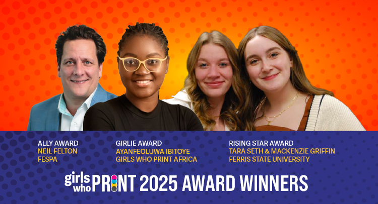 Left to Right: Neil Felton (FESPA), Ayanfeoluwa Ibitoye (Girls Who Print Africa), Tara Seth and Mackenzie Griffin (Ferris State University)