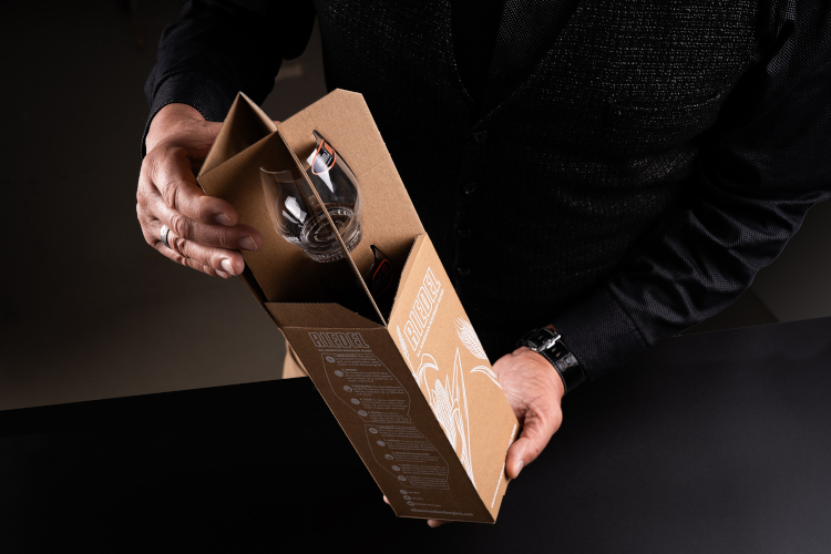 Mondi produces innovative brown paper packaging with white digital printing for Riedel Glas