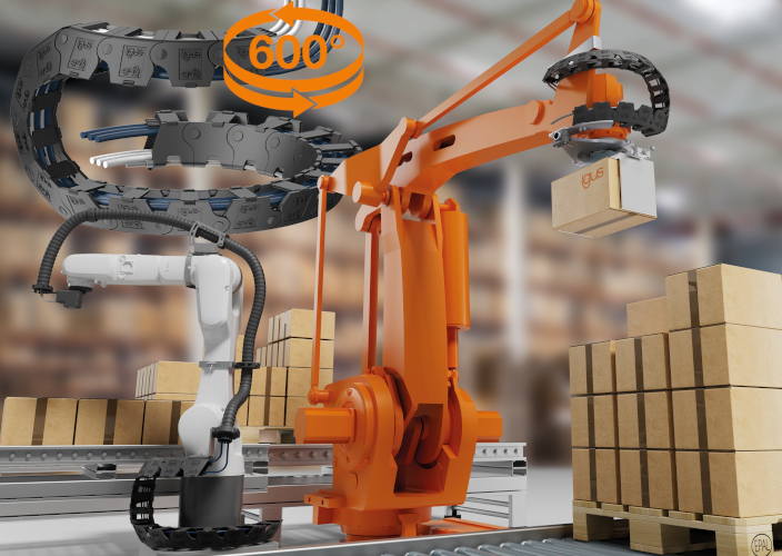 Máxima libertad de movimiento para robots industriales con la nueva twisterchain autosoportada de igus