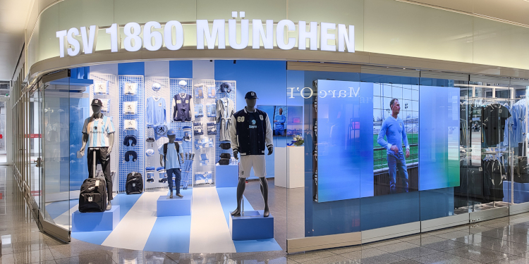 Concept International y Leyard Europe instalan en solo cuatro d&iacute;as una LED wall para el nuevo fanshop del TSV 1860 M&uuml;nchen en el aeropuerto de M&uacute;nich