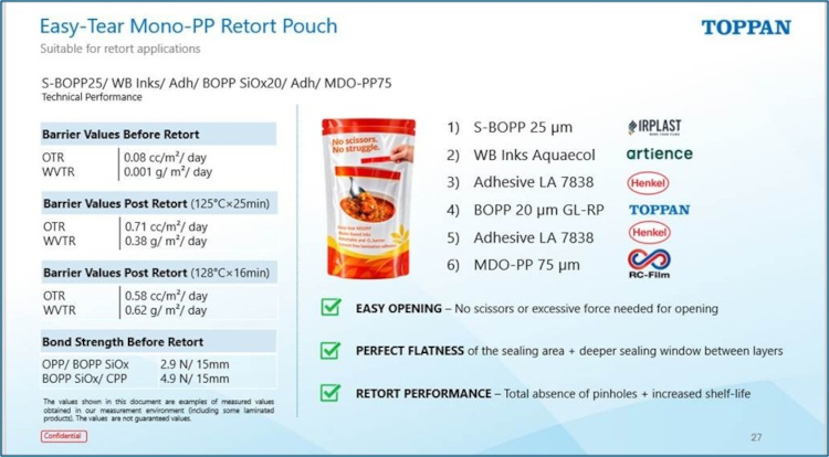 Sustitución de estructuras multimaterial por una bolsa para esterilización (retort pouch) de polipropileno monomaterial. (Fuente: Toppan)